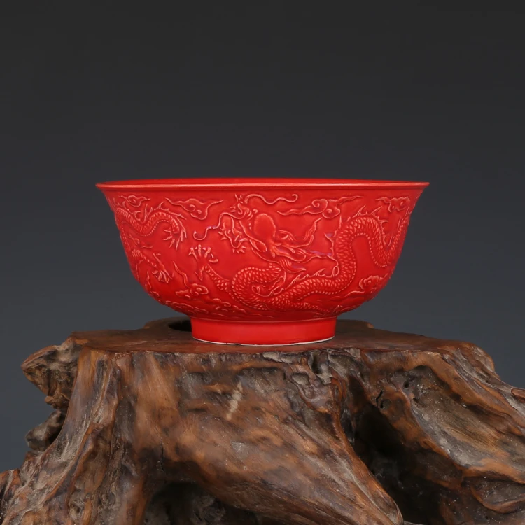 Yongzheng кораллово красная скульптура чаша с драконом антикварная коллекция
