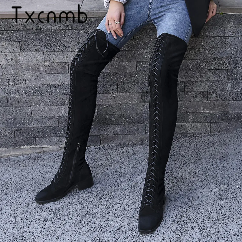 Кожаные Сапоги выше колена TXCNMB на квадратном каблуке женская классическая