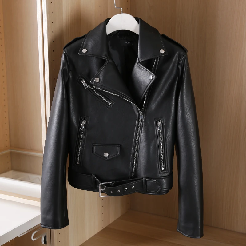 

Ailegogo New Spring Women Pu Faux Leather Short Jacket with Belt Streetwear Turndown Collar Moto Biker Black Coat Autumn Outwear
