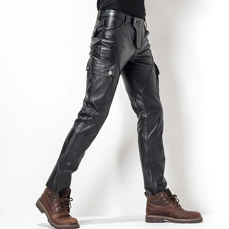 Euro Brand New Motorcycle Mens Cowhide Full Length Trousers Slim Pockets Genuine Leather Windproof Fashion Male Pencil Pants | Мужская