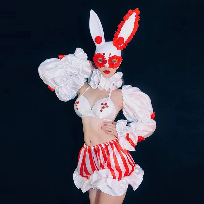 

Женская джазовая танцевальная одежда, для ночного клуба, танцевальный костюм Gogo, костюм для уличных танцев, головной убор в виде кролика, би...