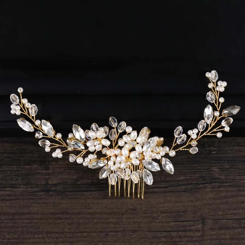 New Design Gold Wire Crystal Simulated Pearl Beads Hair Combs Headwear for Bridal Bride Wedding Veil Jewelry Accessories | Украшения и