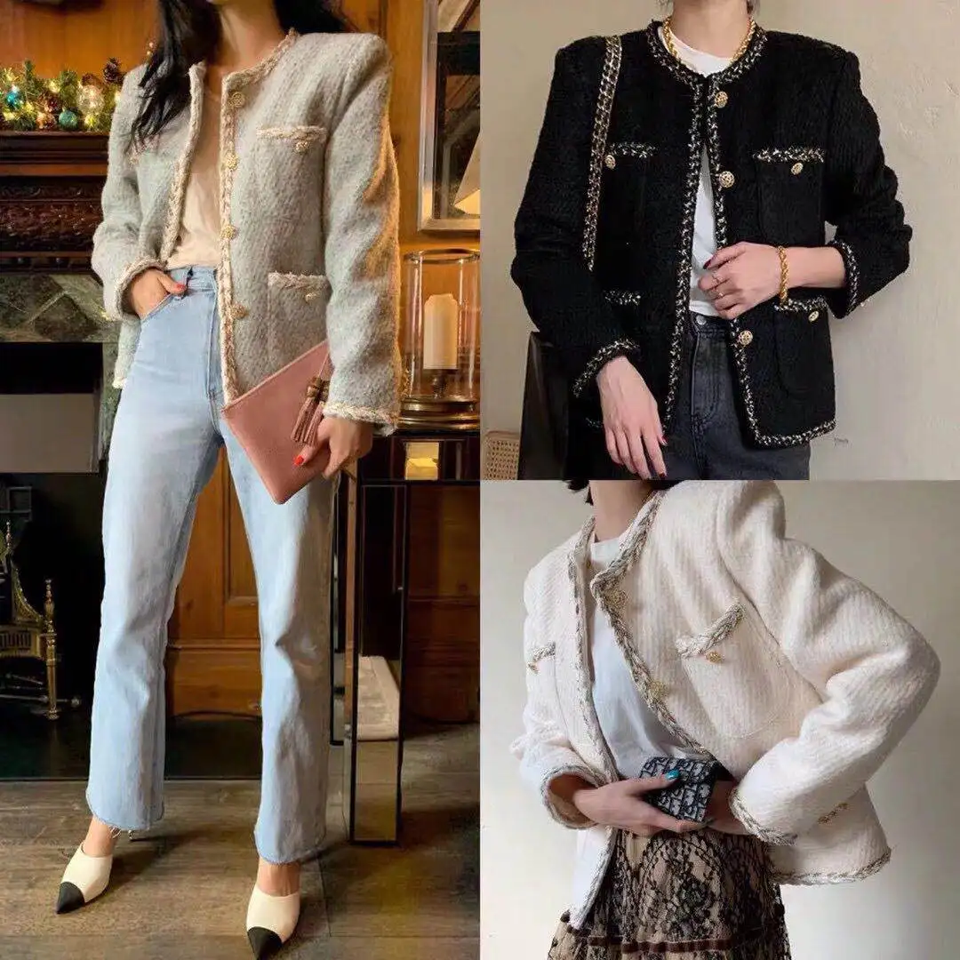 

Fashion new autumn temperament women loose tweed woven short suit jacket