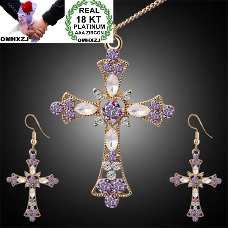 

OMHXZJ Wholesale European Fashion Woman Girl Party Wedding Gift Cross Zircon 18KT Rose Gold Earrings+Necklace Jewelry Set JE08