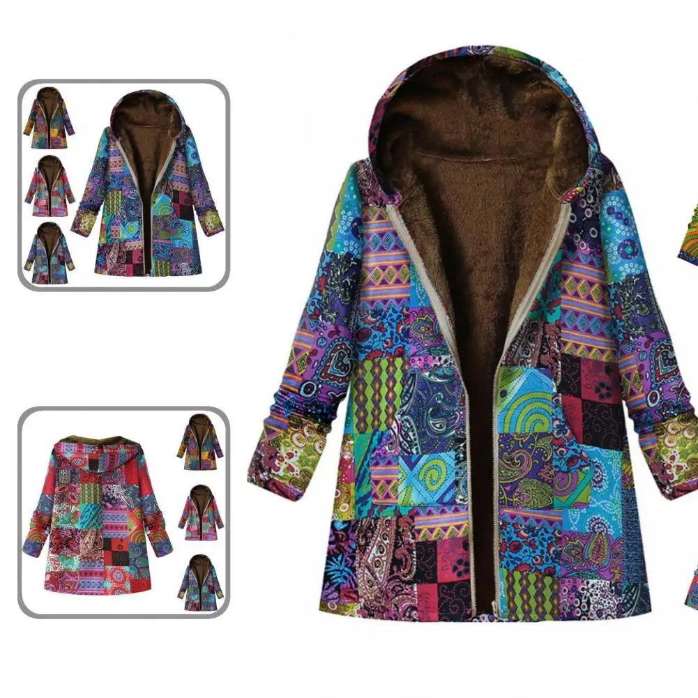 

Long Sleeve Plus Size Mid-Length Hooded Ethnic Print Coat for Outdoor