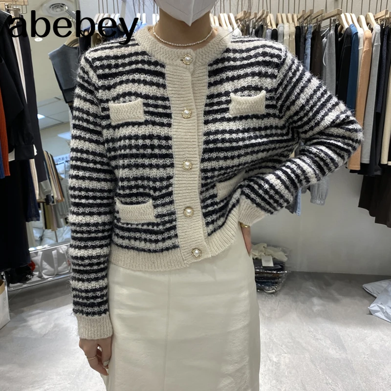 

O-neck Patchwork Women Cardigan Slim Knitted Single Breasted Outwear All Match Leisure Trendy Gentle Japanese Style Chic