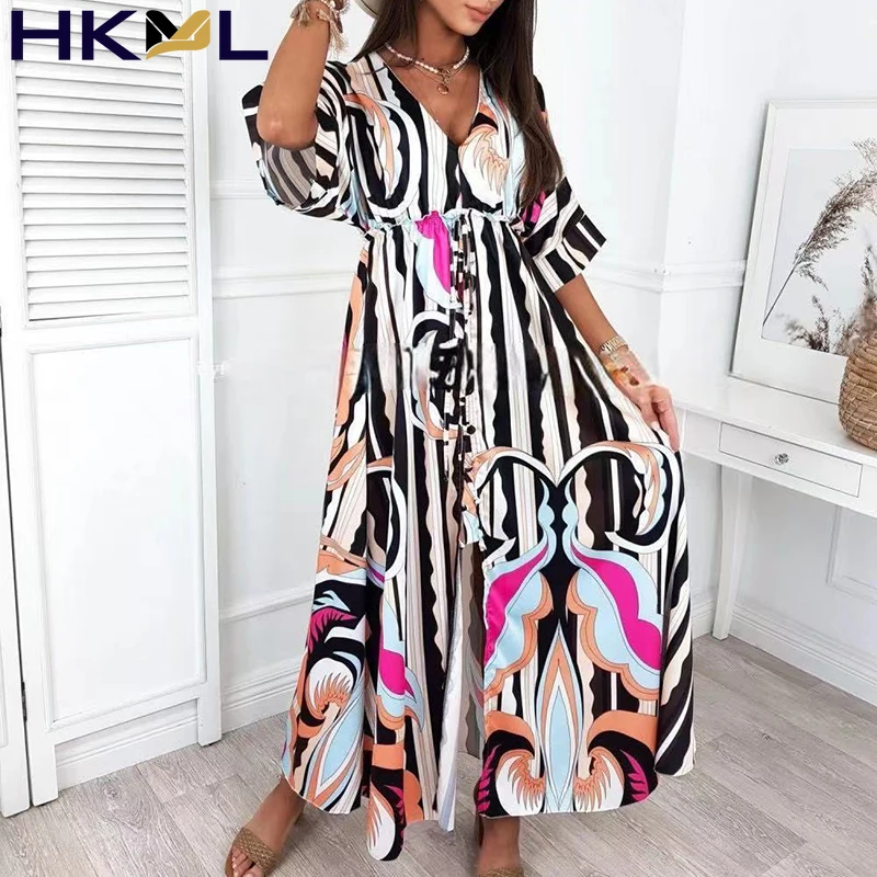 

Summer 2021 Women Oversize Dresses V-neck Long Short Sleeve Floral Printed Bohemian Beach Dresses