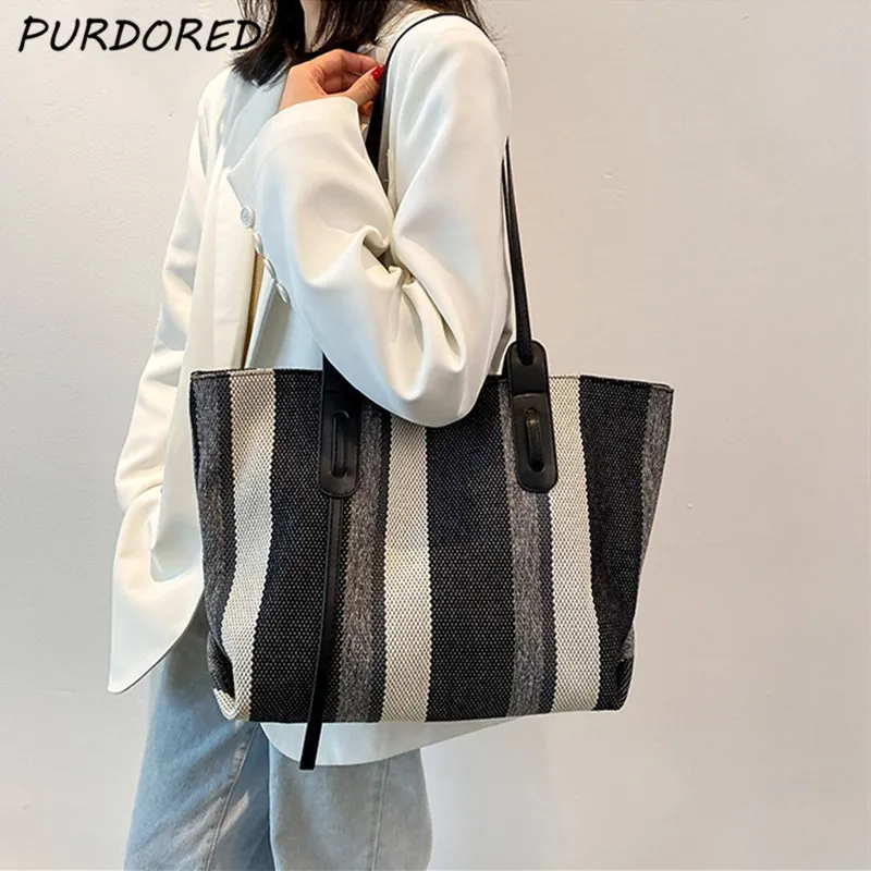 

PURDORED 1 Pc women striped Tote Bag Canvas large Shopping Bag Reusable Shoulder Bag Handbag Grocery Tote Bag Boutique
