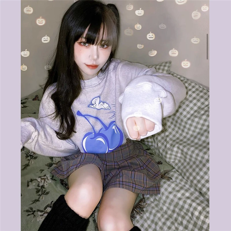 

New autumn vintage women sweatshirt fun cartoon print big cherry pullover female warm plus velvet sweatshirts mujer