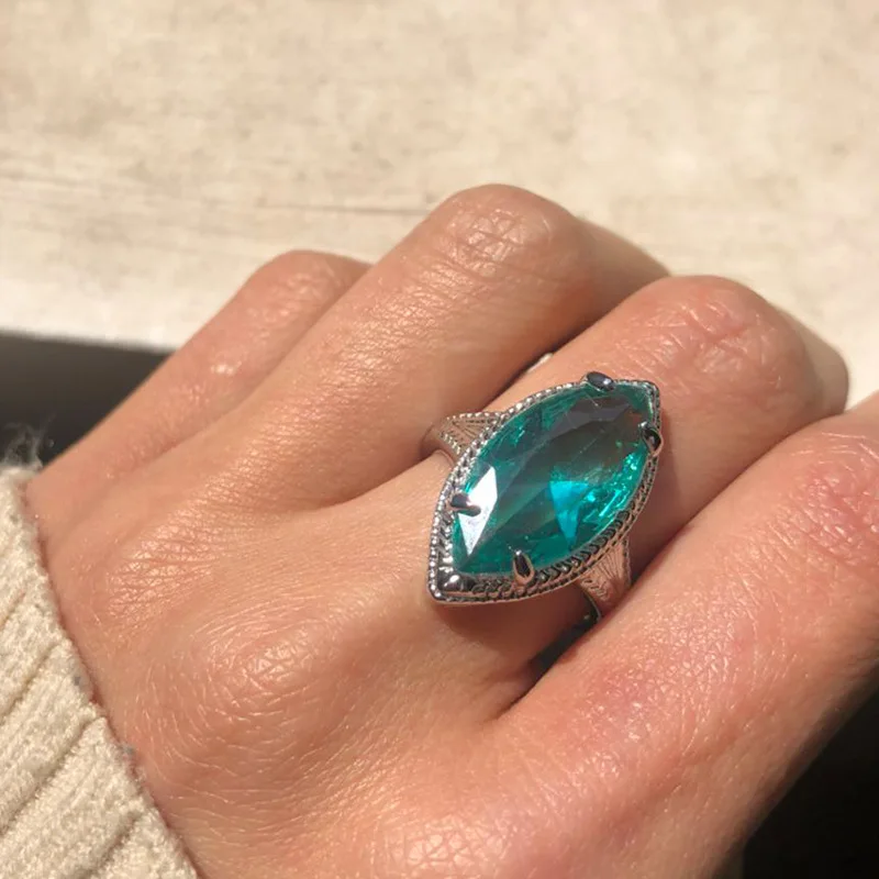 Старинный зеленый камень маркиза большие кольца для женщин Серебряный Цвет