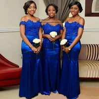 bling satin mermaid bridesmaid dress with lace appliques 2020 off shoulder formal dresses lace up gowns royal blue