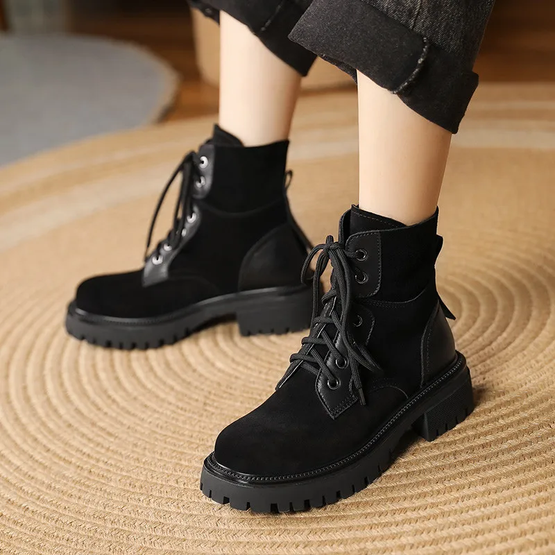 Beli Asumer 2022 Sepatu Bot Hak Tebal Untuk Wanita Sepatu Kulit Suede Hitam Berenda Sepatu Bot Musim Gugur Musim Dingin Perempuan