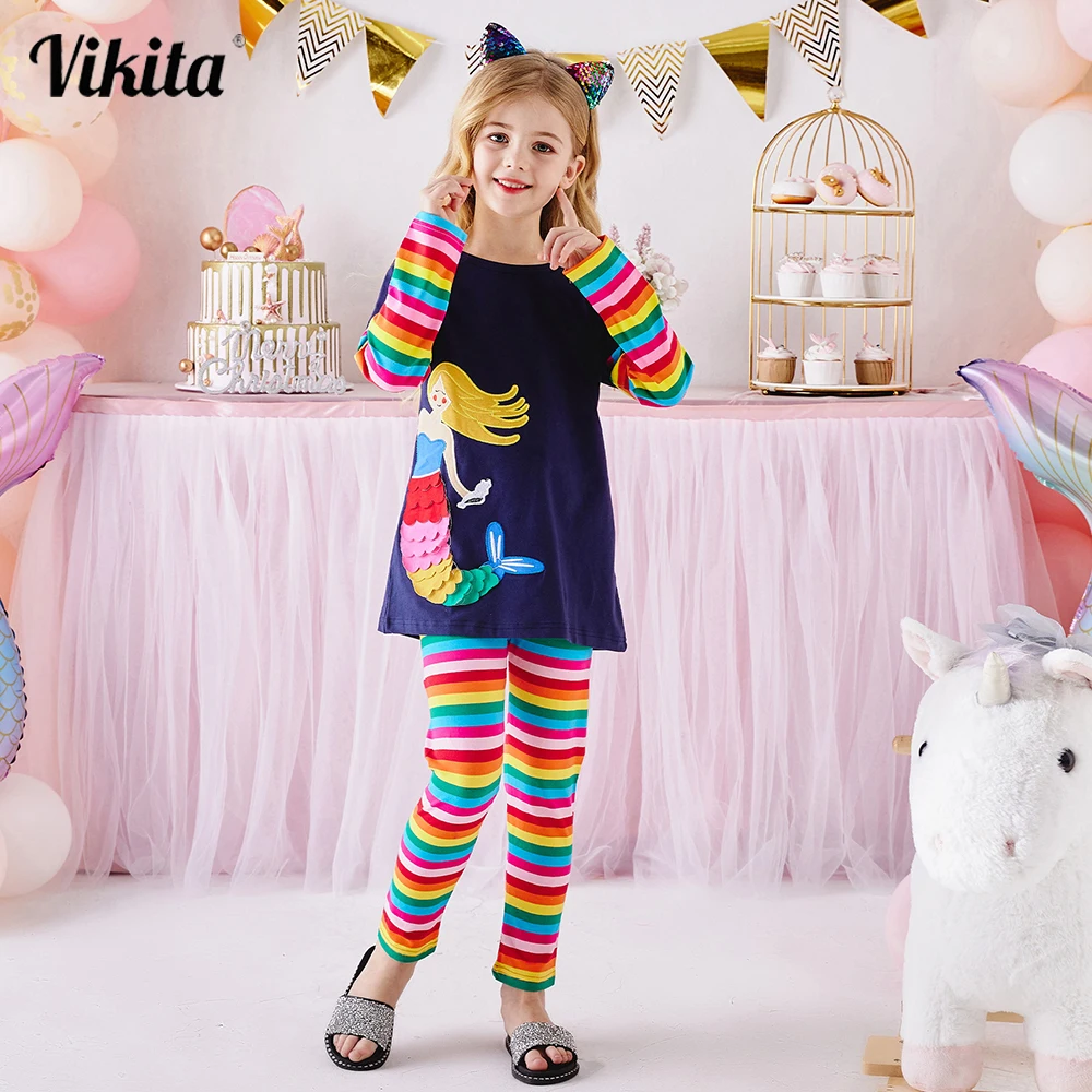 VIKITA Spring Autumn Girls Clothes Sets Long Sleeve Cotton Girls T-shirts + Rainbow Pants 2PCs Outfits Children Casual Wear 3-8Y