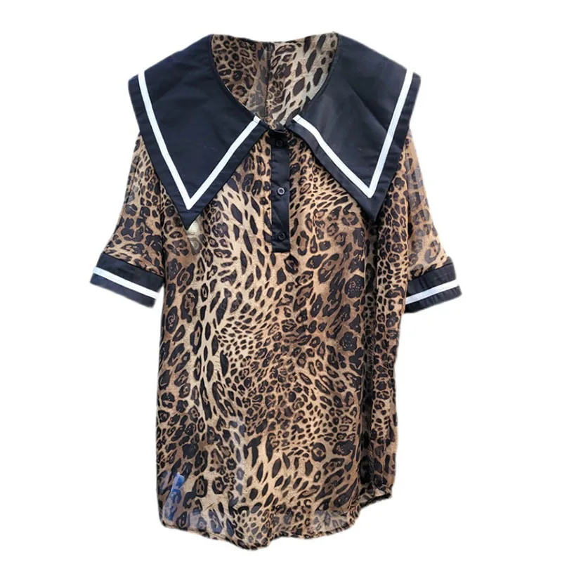 

SeeBeautiful Leopard Long Loose Shirt Lapel Short Sleeve Single Breasred Contrast Color New Fashion 2021 Summer Women E806