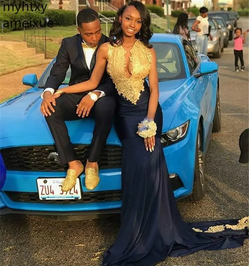 2020 Южноафриканское черное сексуальное синее платье для выпускного вечера с