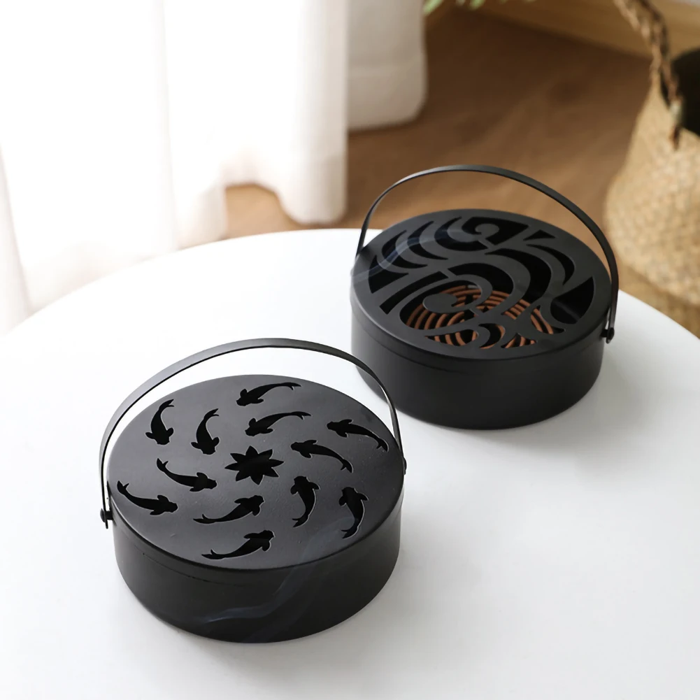 

Iron Mosquito Coil Holder Hollow Mosquito Coil Box Round Incense Burner With Handle Home Office Portable Anti Scald Wrought Home