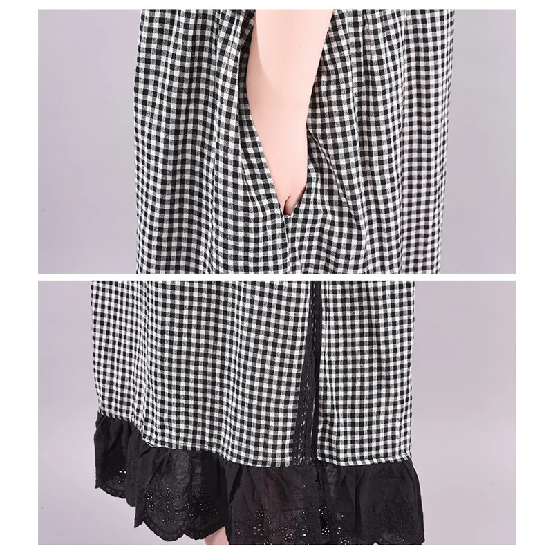 

2021 Summer New Style Literary Loose Plaid Round Neck Short-sleeved Women's Dress Lace Stitching Cotton and Linen