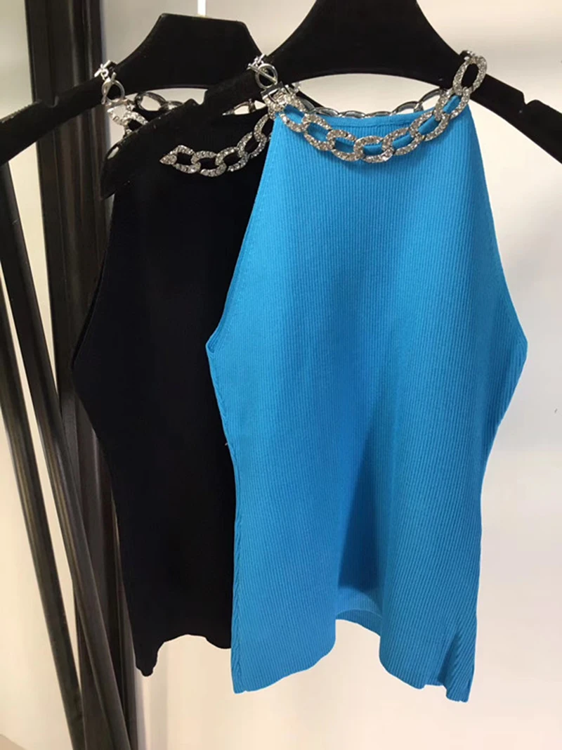 

Brand Fashion Women High Luxury Summer Elegant Sexy Rhinestone Ladies Diamond Chain Halter Sleeveless Knitted Vest Top