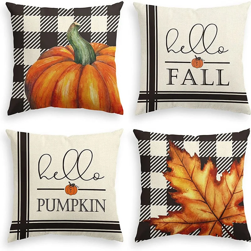 

Fall Pumpkin Thanksgiving Decor Throw Pillow Covers, 18X18 Inch Autumn Maple Leaf Cushion Case For Sofa Couch Set Of 4