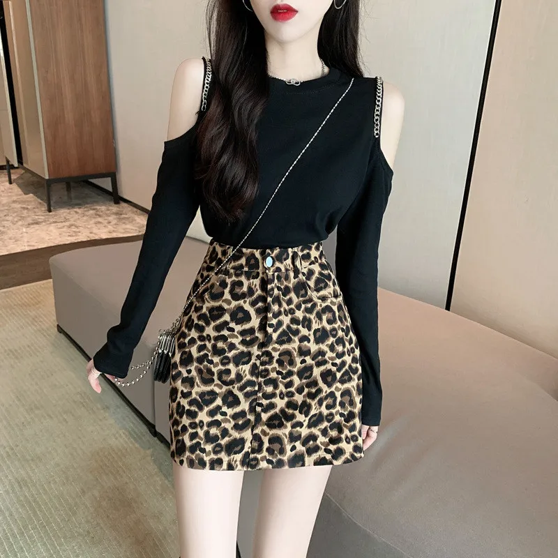 

New Spring Fashion 2 Piece Dress Suits Long Sleeve Cold Shoulder Chain Sexy Shirt Top&High Waist Leopard Pencil Mini Skirt Sets
