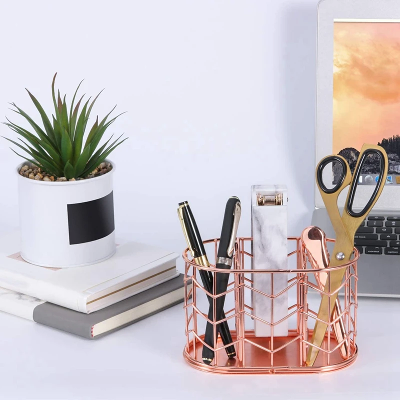 

3 Compartment Metal Pencil Holder, Decorative Desk Storage Organizer Container for Stationery and Desk Accessories