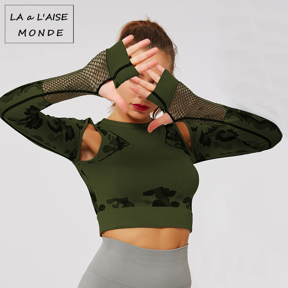 Комплект для йоги нейлоновые женские бесшовные камуфляжные топы облегающая