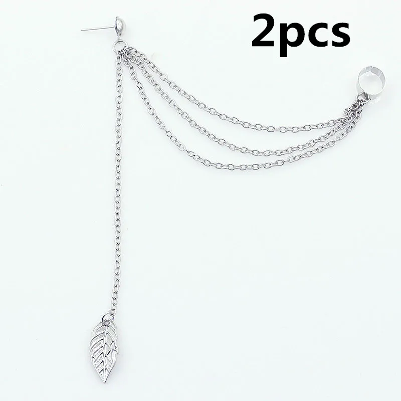 2pcs Silver 1/2 шт, специальный дизайн, панк-рок, однолистная цепочка с кисточками, висячие серьги-манжеты, 2 цвета, для женщин, девочек, ювелирное изделие, подарок - Окраска металла: 2pcs Silver