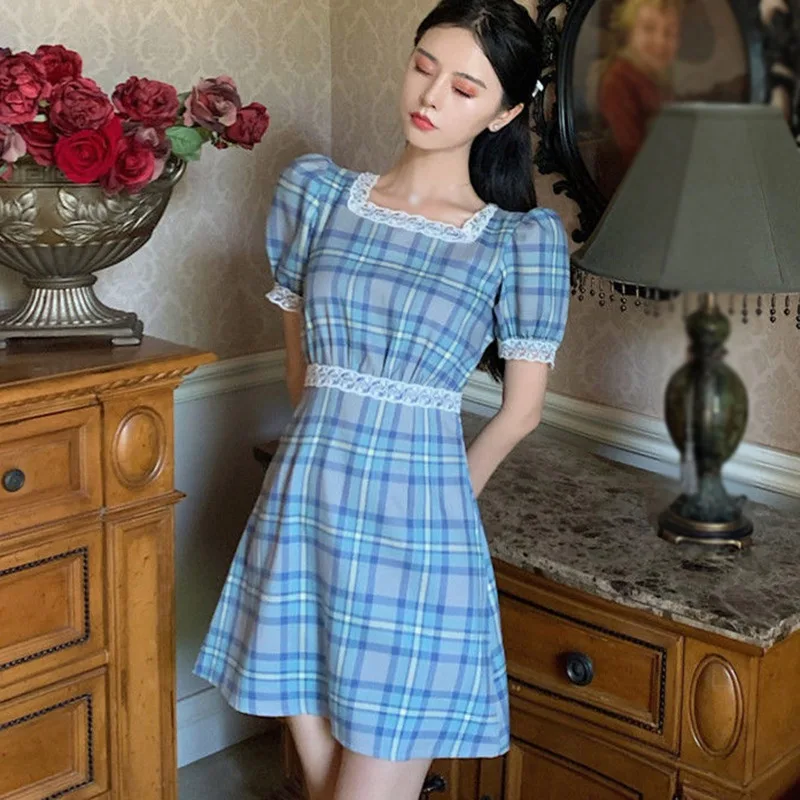 

Женское приталенное платье с высокой талией, кружевное привлекательное французское платье в клетку в стиле ретро, элегантные праздничные п...