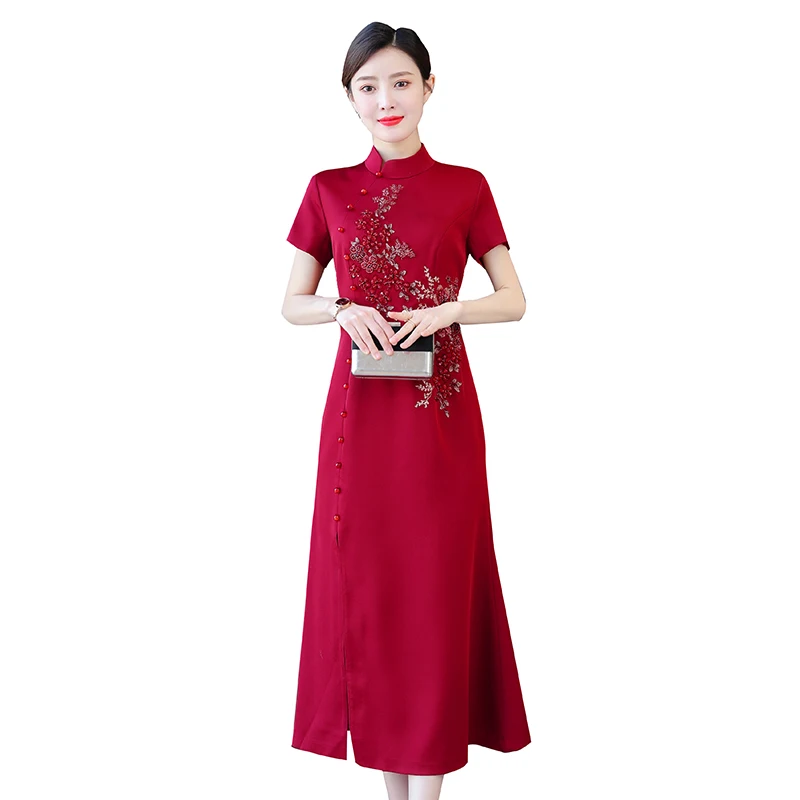 

COIGARSAM 4XL Plus Size Cheongsam Spring Dresses Wine Red 2406