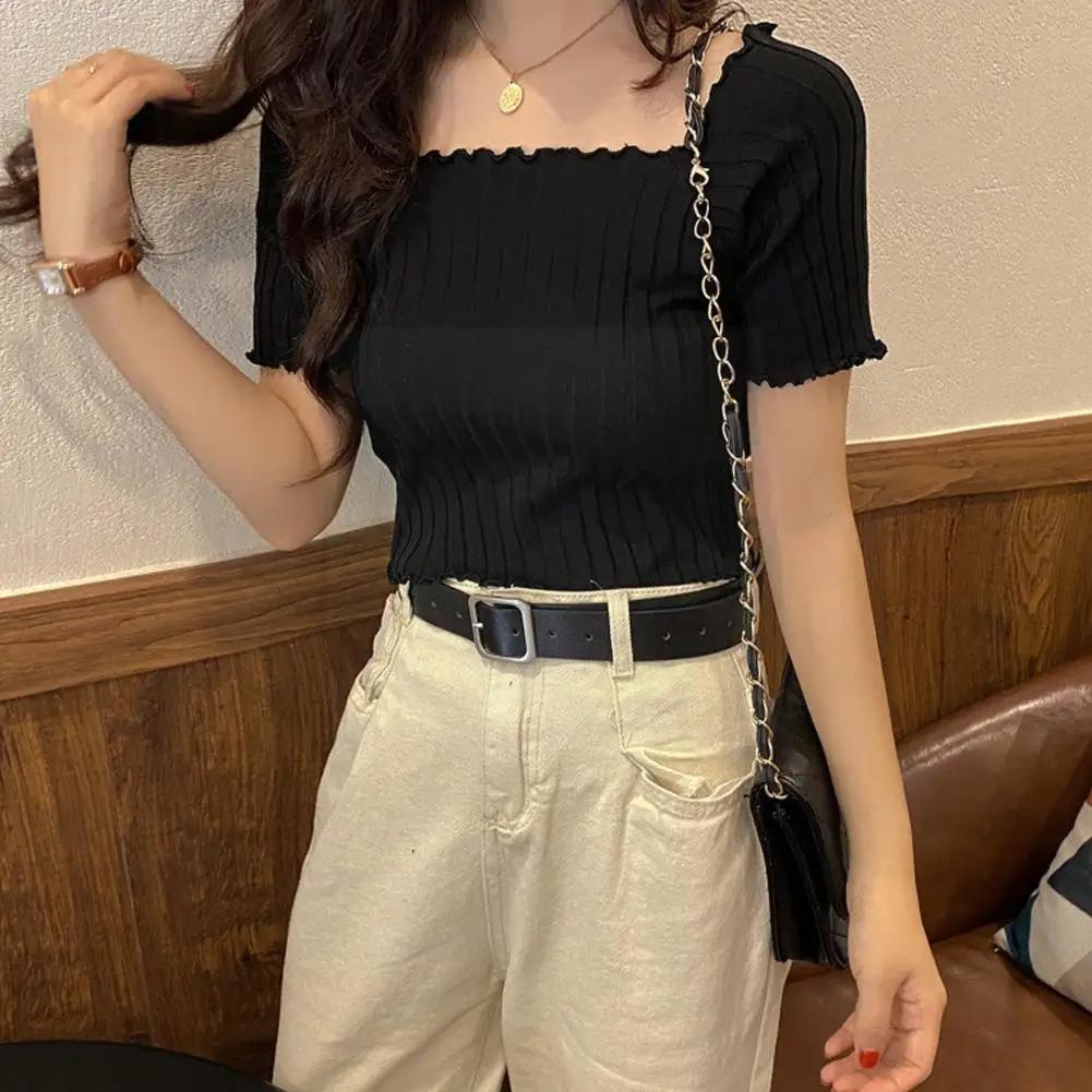 

Women Off shoulder T-shirts Knitting Crop Tees Striped Hem Cotton Ruffle Tees Short Women Summer Sleeve Q4Y1