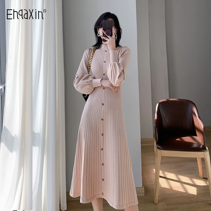 

EHQAXIN New Ladies Knitted Dress French Spring Autumn Fashion Versatile Half Turtleneck Long Pleated Dresses For Womens S-XL