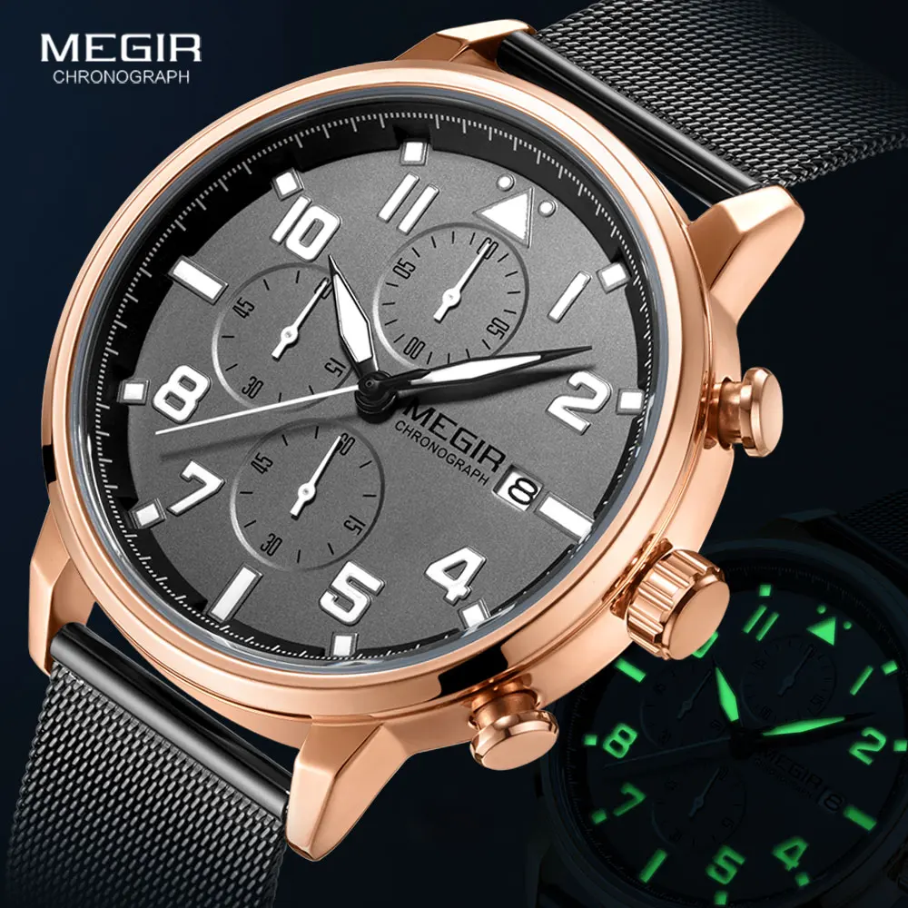 

MEGIR Men's Watches Luxury Top Brand Chornograph Quartz Watch Stainless Steel Mesh Strap Wristwtatch 2020 ас мђжские relogio