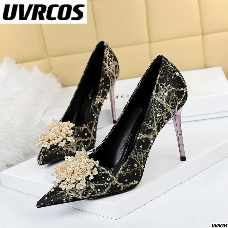 

2022 High-heeled shoes thin heels high heels shallow mouth pointed pearl flower rhinestones single shoes heels women