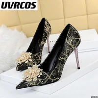 2022 high heeled shoes thin heels high heels shallow mouth pointed pearl flower rhinestones single shoes heels women