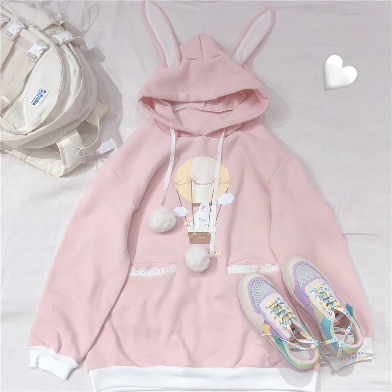 

Japanese Hooded Women Winter Plus Velvet Pink Bunny Ears Sweet Cute Print Long Sleeve Hoodies Girl Pullover Overcoat Student