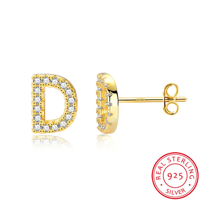

Luxury Female Gold Color Letter A-Z Earring Real 925 Sterling Silver Earrings For Women Dainty White Crystal Small Stud Earrings