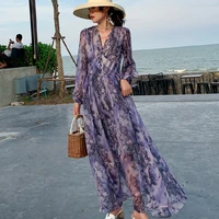 long tropical beach dress korean runway maxi printed purple women chiffon dress summer boho elegant casual party vacation dress