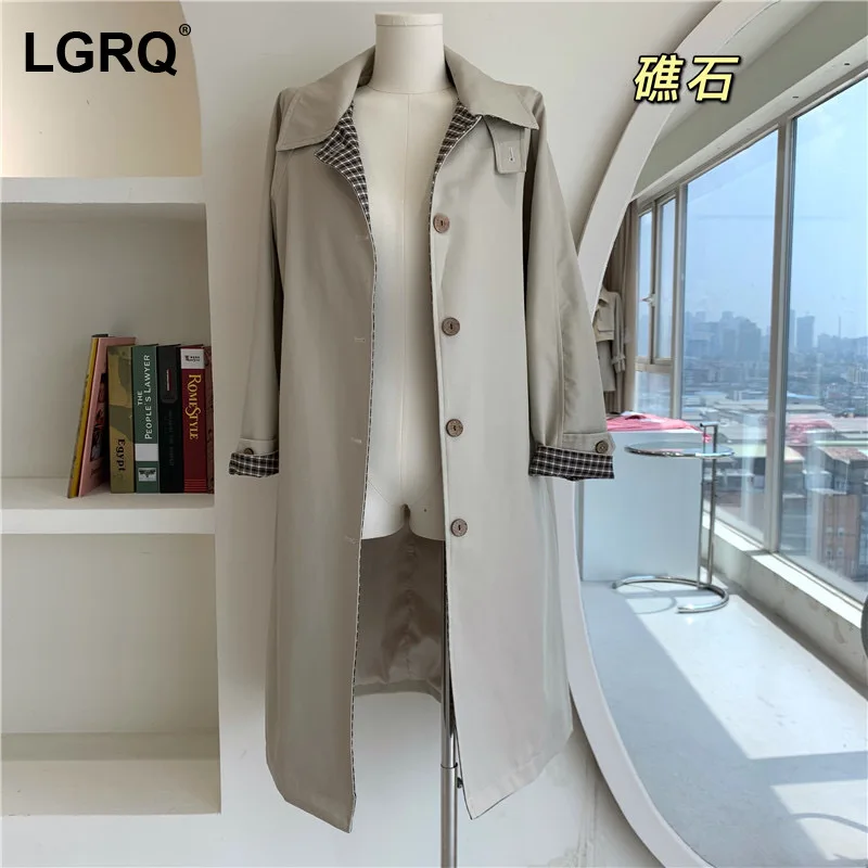 

[LGRQ] Vintage Women's Warm Striped Trench New Lapel Long Sleeve Loose Fit Windbreaker Fashion Tide Spring Winter 2021 19D5164