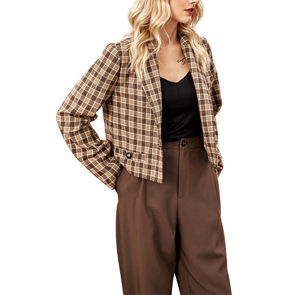 

Женский короткий костюм VICABO, куртки с отворотом, Осенний блейзер с длинным рукавом в клетку, пальто, женские облегающие блейзеры, повседневн...