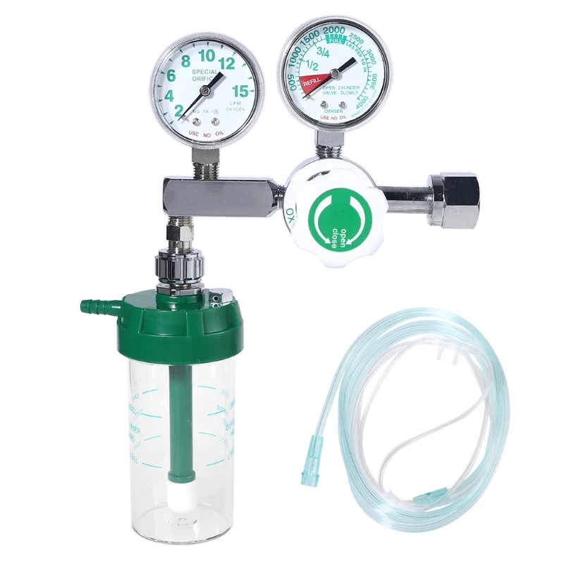 Pressure Gauge Regulators w/ Dry Humidifier Bottle & Tube CGA-540 Nut & Nipple Oxygen Pressure Regulator