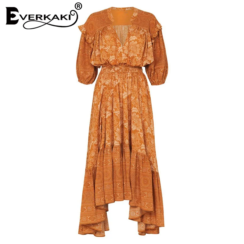 Everkaki Boho Женское Платье макси с принтом и оборками эластичная резинка на талии