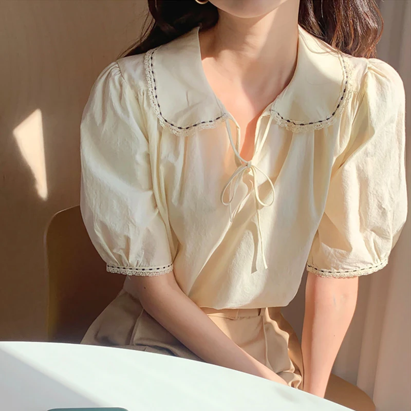 

Peter Pan Collar Solid Shirt Women Puff Sleeve Kawaii Korea Blouse Shirt Preppy Style Short Sleeve Cute Chic Tops Female