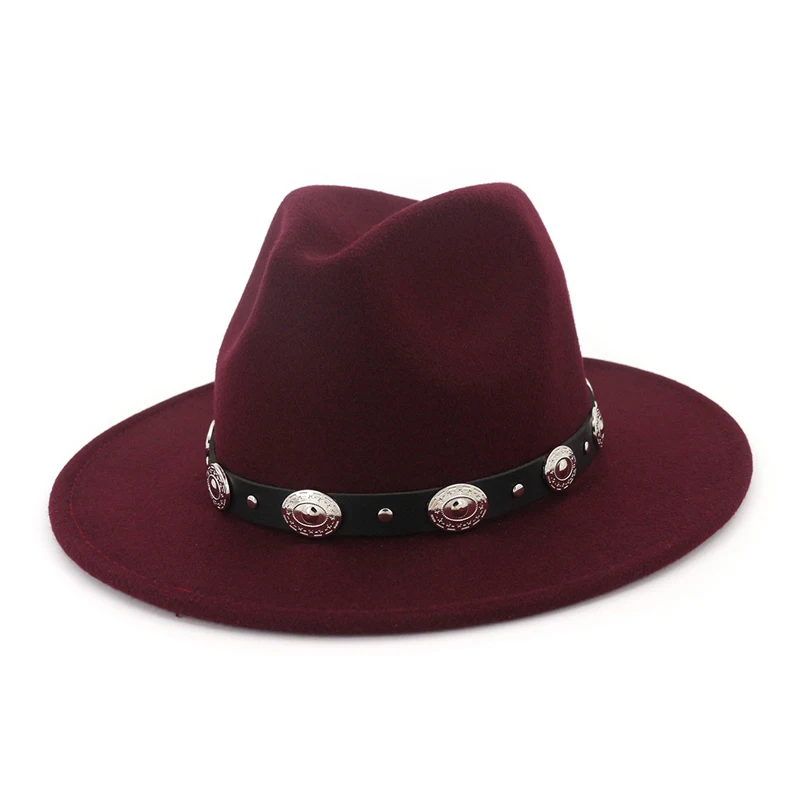 

Trend Rivet Belt Decor Plain Wool Felt Jazz Fedora Hat for Men Women Unisex Flat Brim Panama Gambler Hats Caps Gentleman Trilby