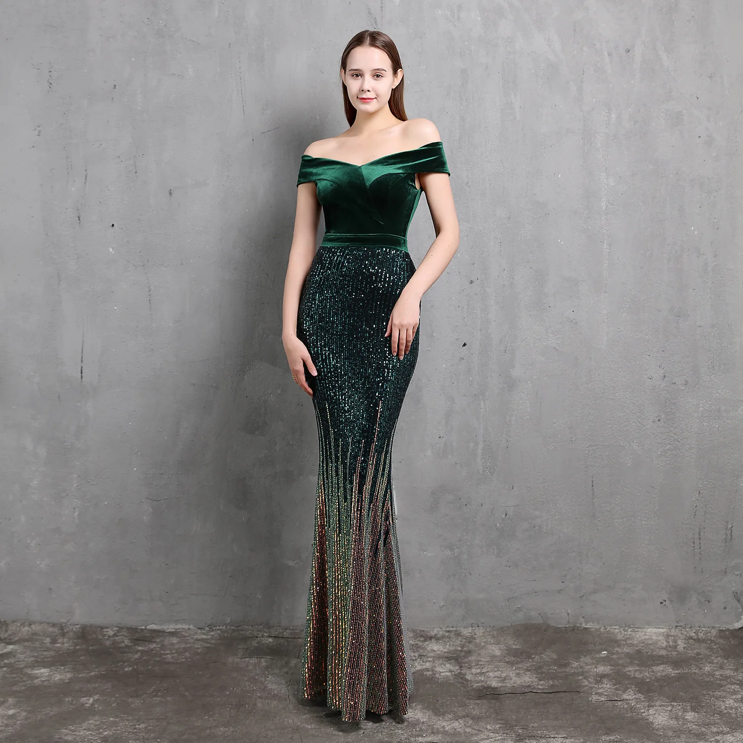 

Partysix 2021 New Off Shoulder Elegant See Through Velour Evening Dress Sequin Evening Party Dress