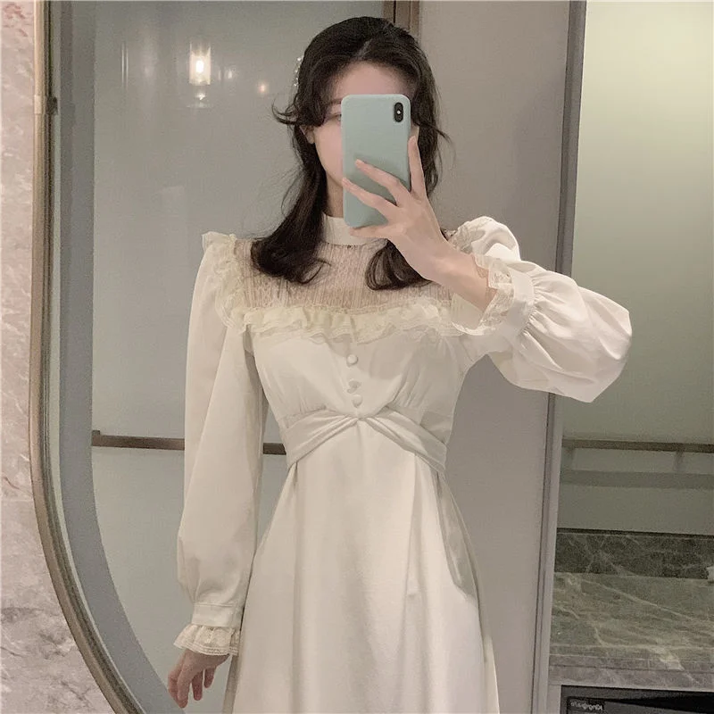 

2021 Spring Y2k Vintage Fairy Dress Female Kawaii Elegant Dress Women Casual Puffer Sleeve Slim Lace One Piece Dress Korean