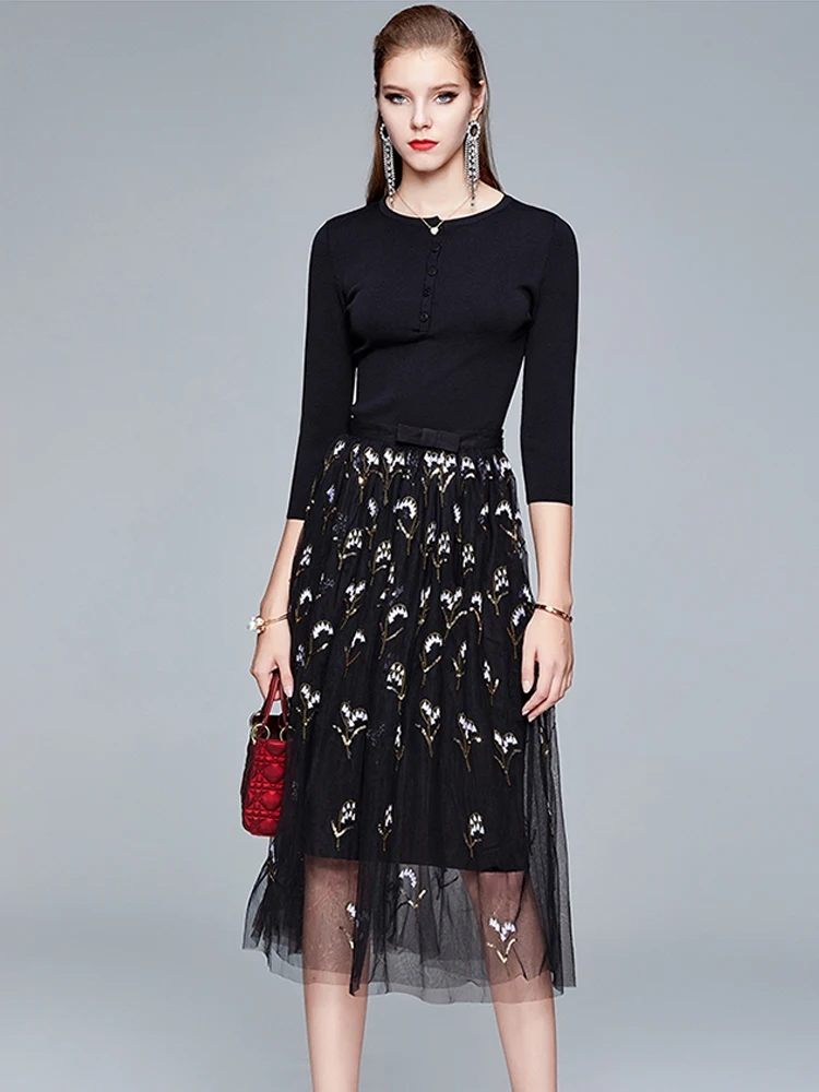 

Qiqi&queen Women Autumn Winter Work Wear 2 Pieces Set Long Sleeve Knitted Top & Embroidery Beads A-line Skirt Office Lady Suit