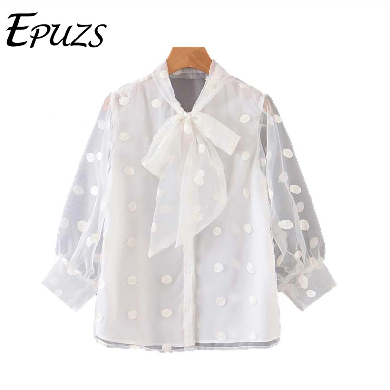 2019 осенние женские топы и блузки в горошек шифоновая блузка женская с бантом