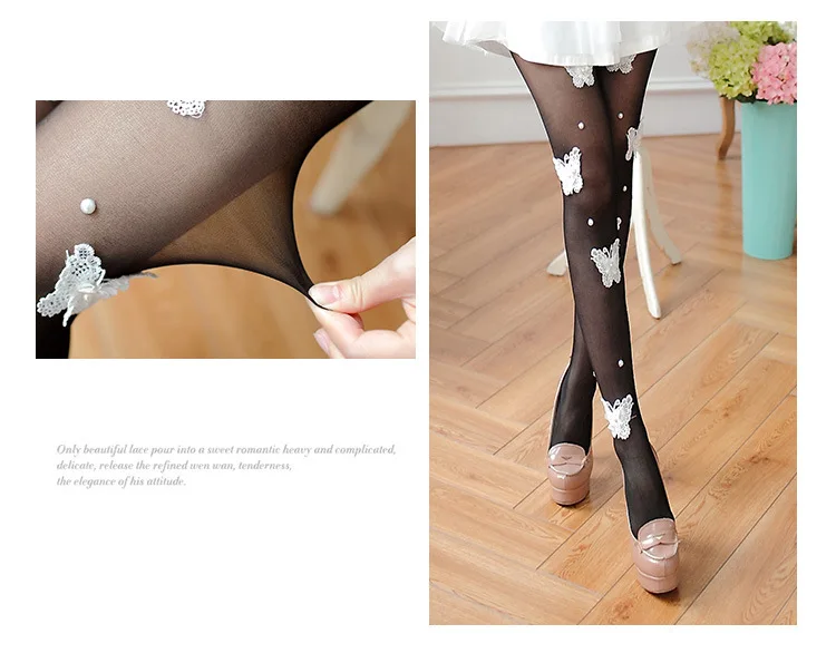 Autumn Winter Pantyhose Women Sweet Princess Embroidered Nails Beads Stockings Sexy Black Transparent Arbitrary Shearing Tights