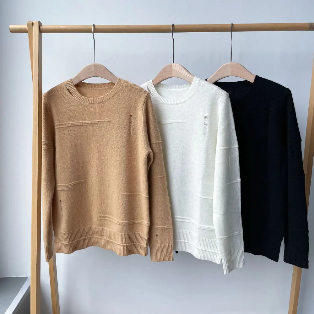 

Women Sweater 2021 New Retro Worn Out Winter 100% Cashmere Women Round Neck Loose Sweater