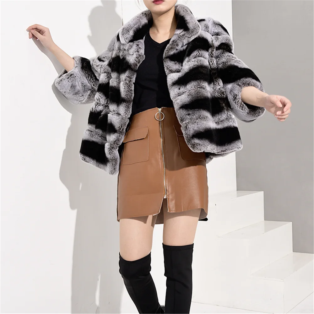 TOPFUR New Real Fur Coat Women Black Jacket Short Bat Type Winter Coat Women Rex Rabbt Fur Coat With Zipper Leather Jacket